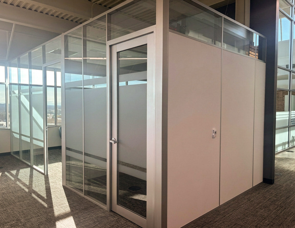 NxtWall FLEX freestanding mixed solid and glass offices with privacy film