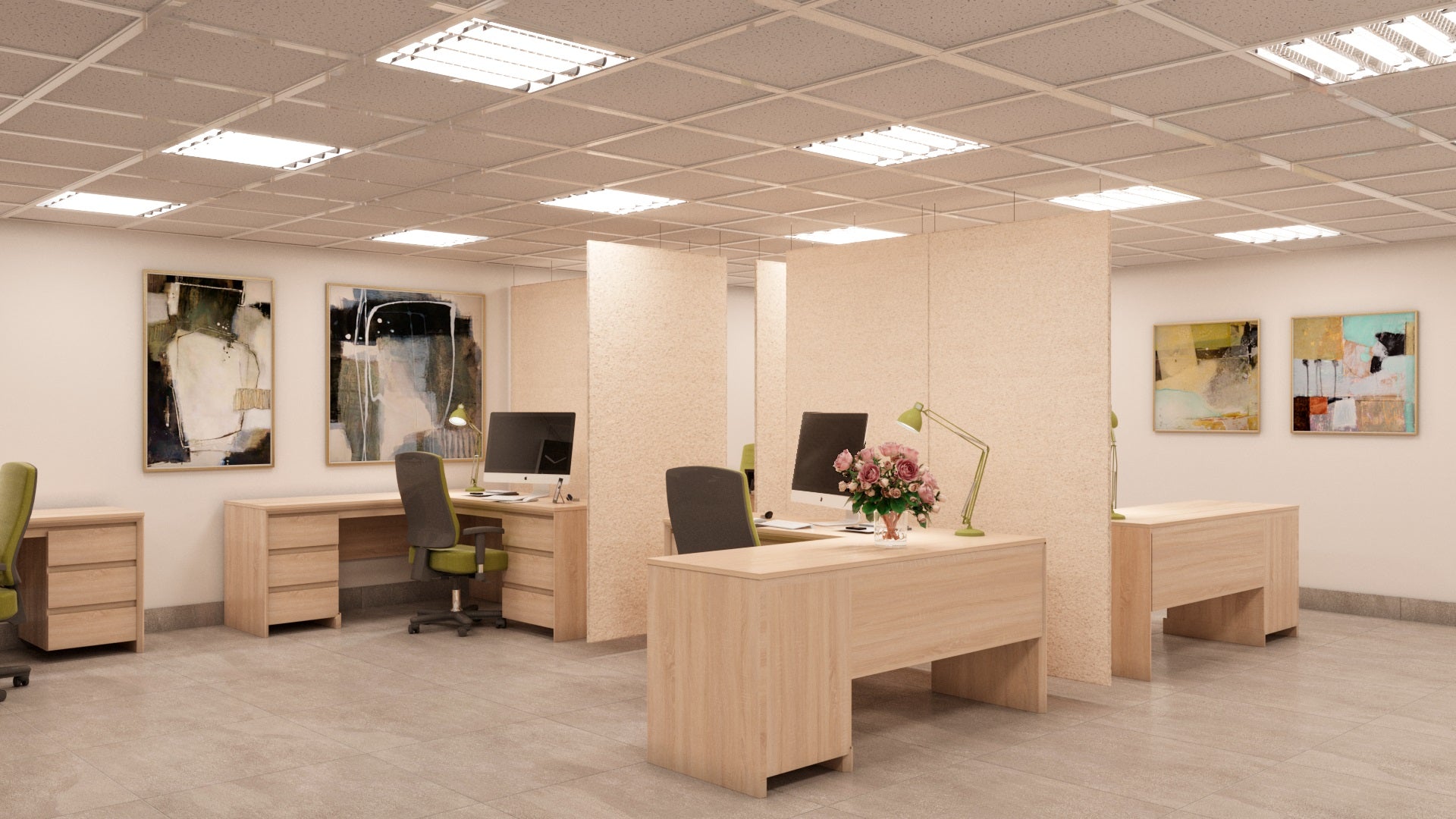 OBEX rectangular sound baffle panels suspended from an office ceiling