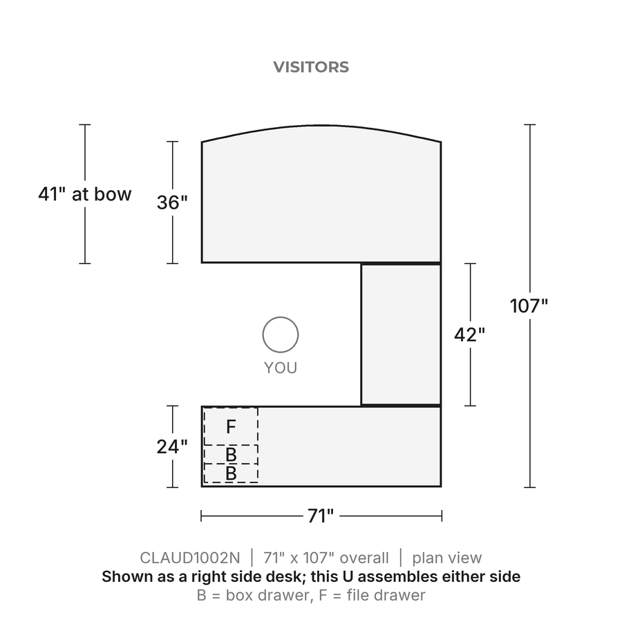 Plan view, Classic Laminate Bow Front U-Desk 71" x 107", Box/Box/File Pedestal, 71" x 107" overall. Visitors at the top, credenza behind you.