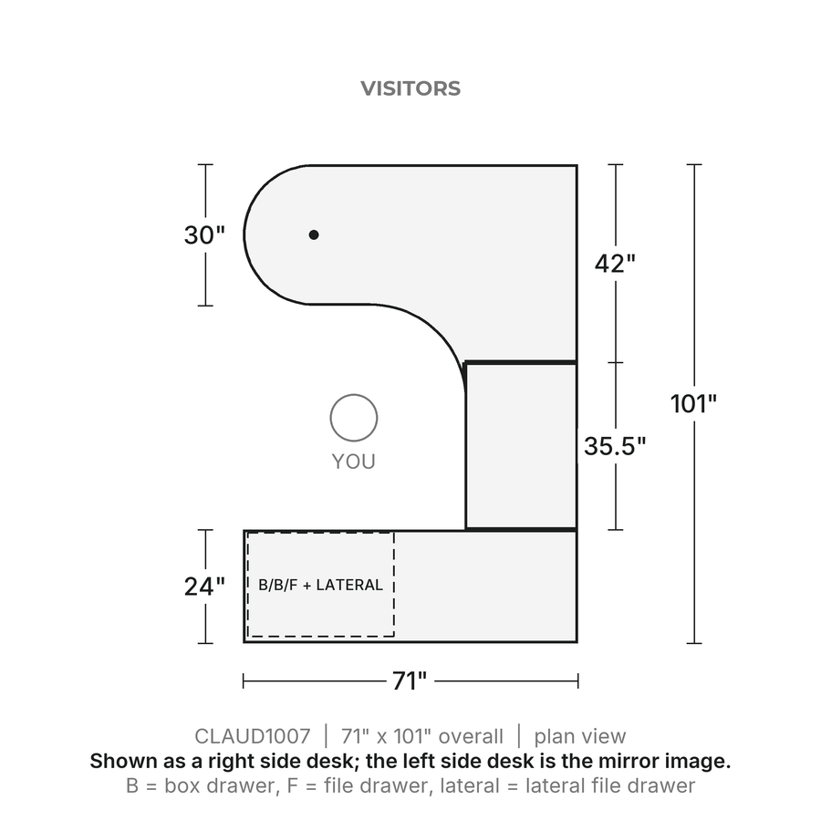 Plan view, Classic Laminate Bullet U-Desk 71" x 101" with Lateral File Combo, 71" x 101" overall. Visitors at the top, credenza behind you; shown as a right side desk, the left side desk is the mirror image.