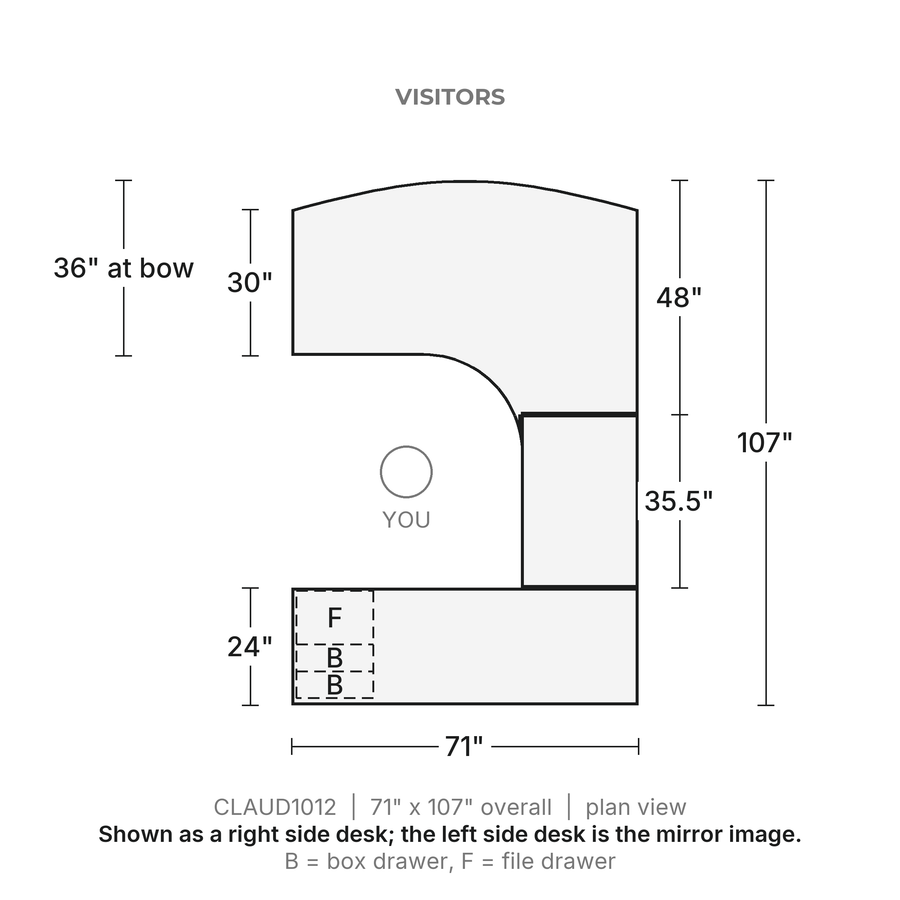 Plan view, Classic Laminate Bow Front U-Desk 71" x 107" with Corner Extension, Box/Box/File Pedestal, 71" x 107" overall. Visitors at the top, credenza behind you; shown as a right side desk, the left side desk is the mirror image.