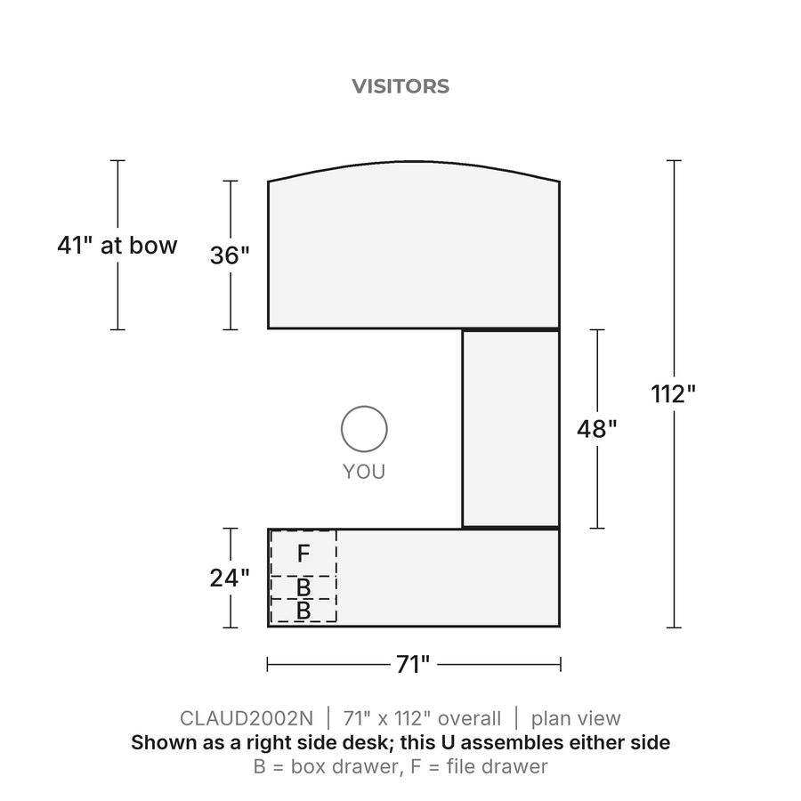 Plan view, Classic Laminate Bow Front U-Desk 71" x 112", Box/Box/File Pedestal, 71" x 112" overall. Visitors at the top, credenza behind you.