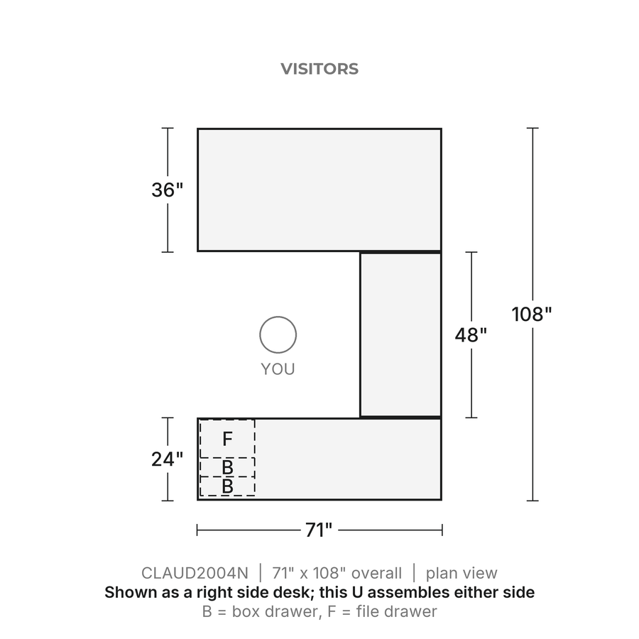 Plan view, Classic Laminate U-Desk 71" x 108", Box/Box/File Pedestal, 71" x 108" overall. Visitors at the top, credenza behind you.