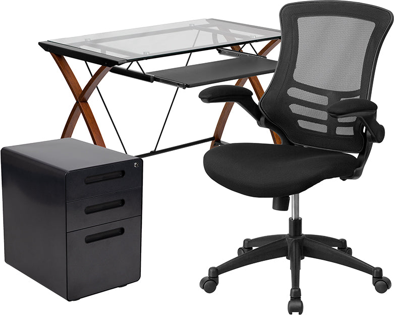 Glass Desk, Chair, Cabinet Set