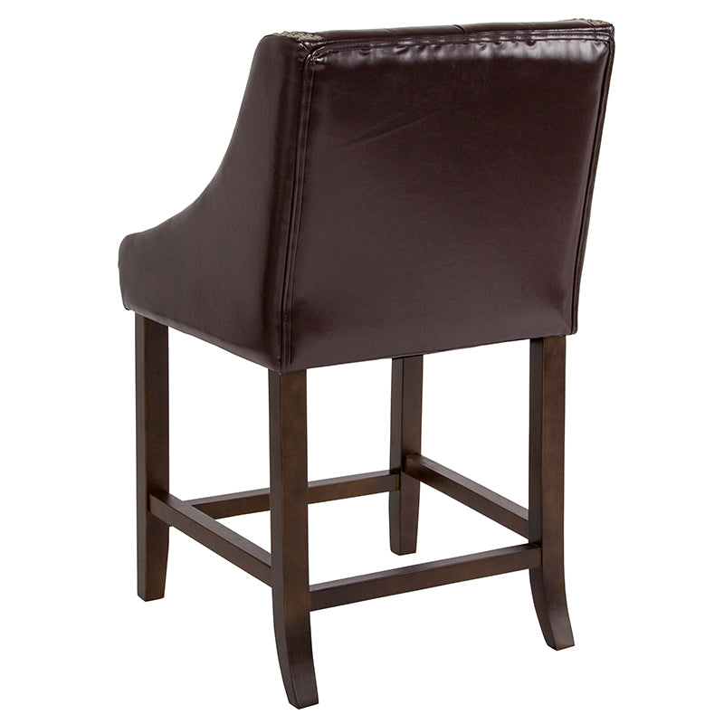 24" Brown Leather/wood Stool