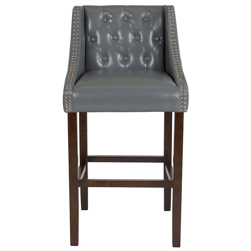 30" Gray Leather/wood Stool