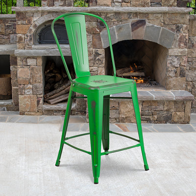 Distressed Green Metal Stool