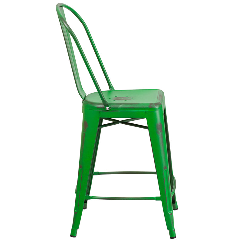 Distressed Green Metal Stool