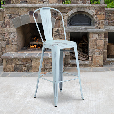 Distressed Gn-blue Metal Stool