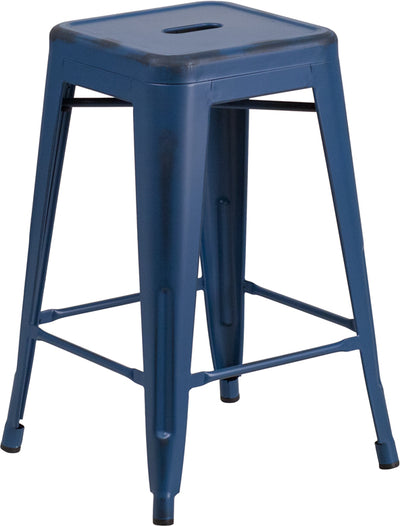 Distressed Blue Metal Stool