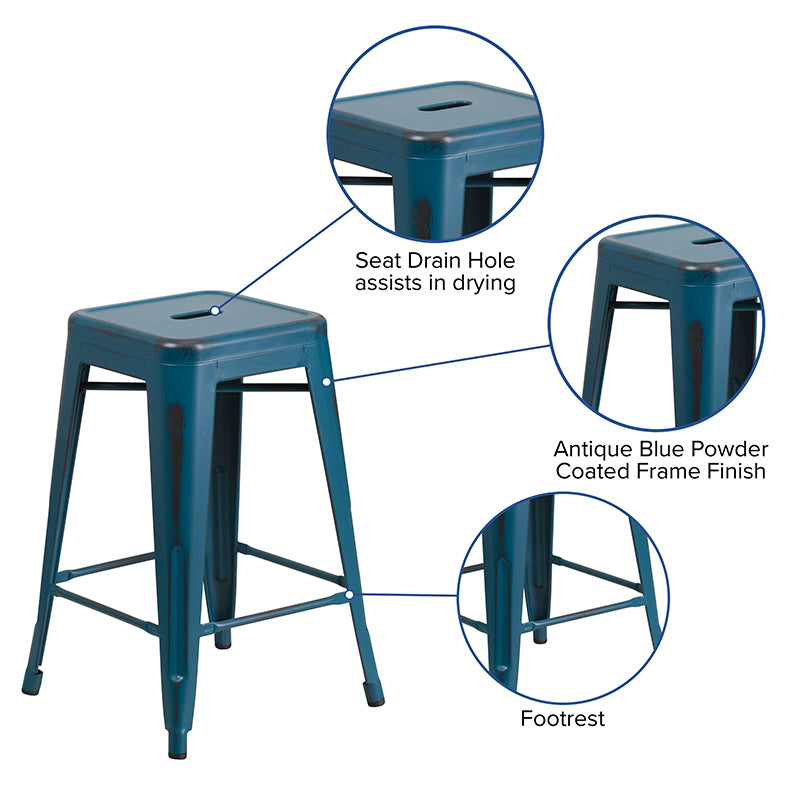 Distressed Blue Metal Stool