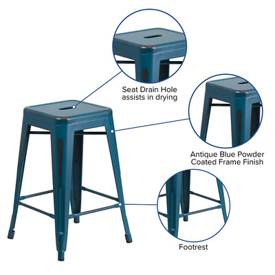 Distressed Blue Metal Stool