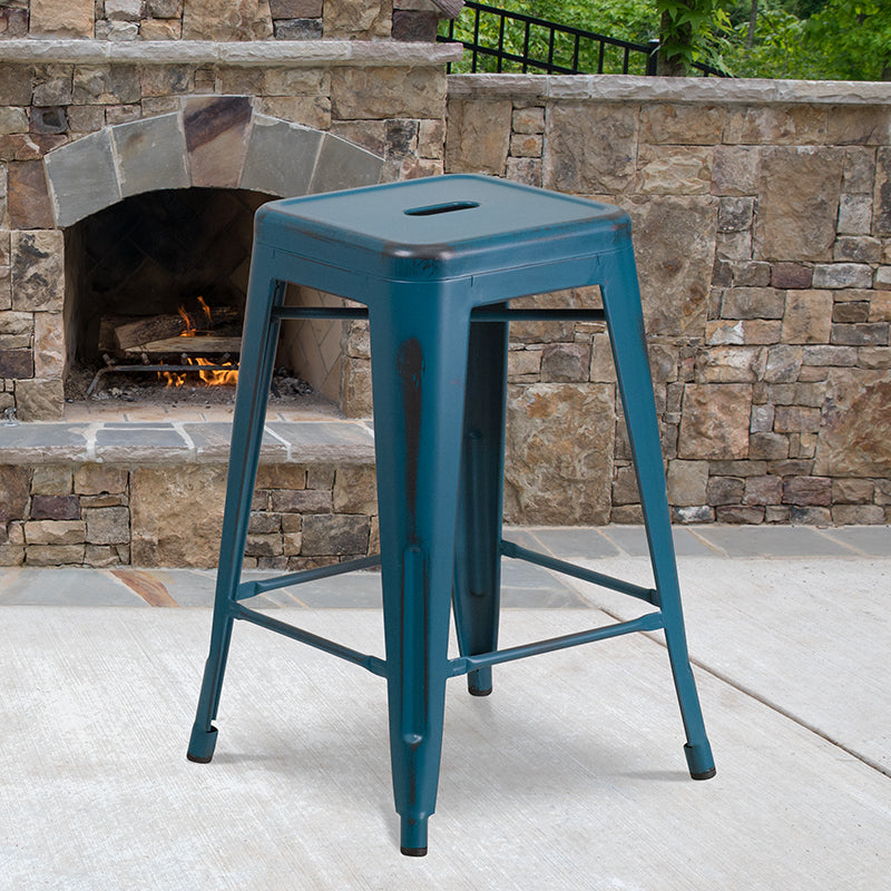 Distressed Blue Metal Stool