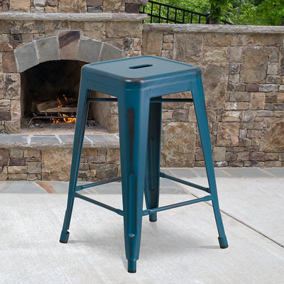 Distressed Blue Metal Stool