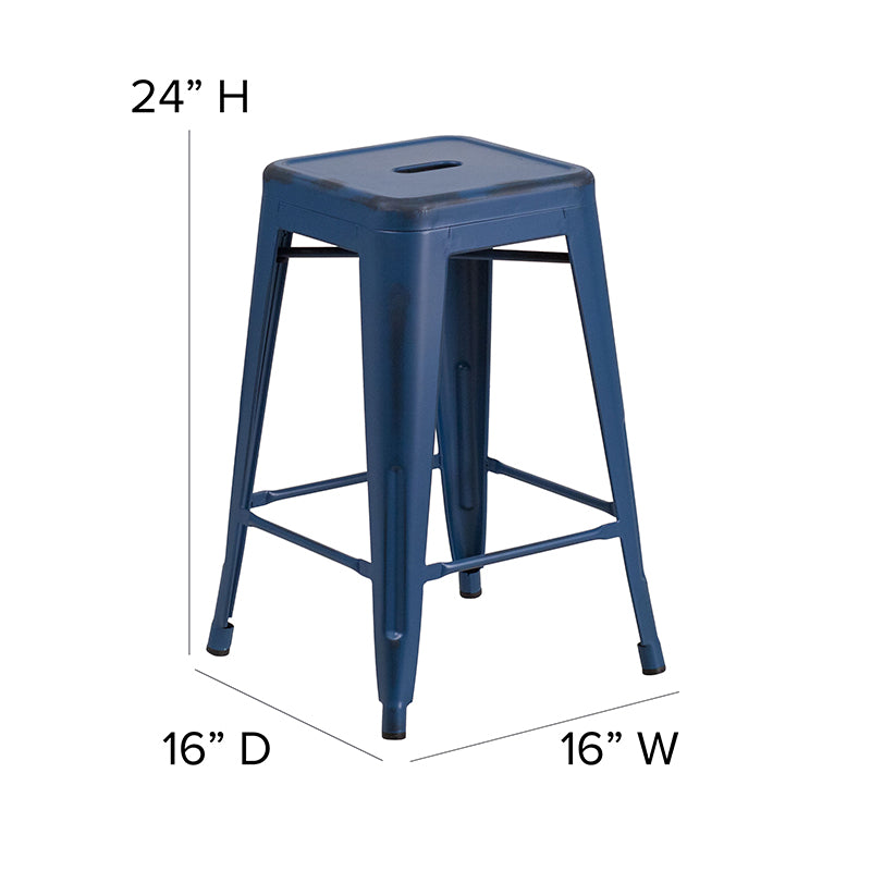 Distressed Blue Metal Stool