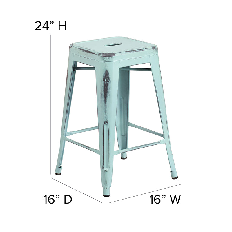 Distressed Gn-blue Metal Stool