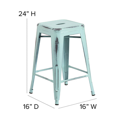 Distressed Gn-blue Metal Stool