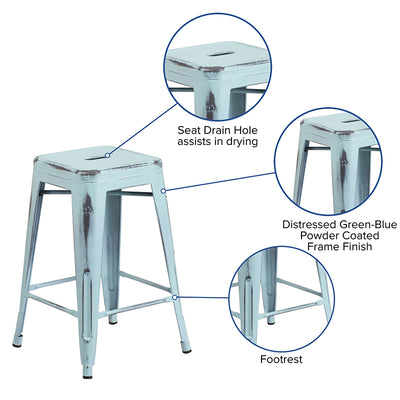 Distressed Gn-blue Metal Stool