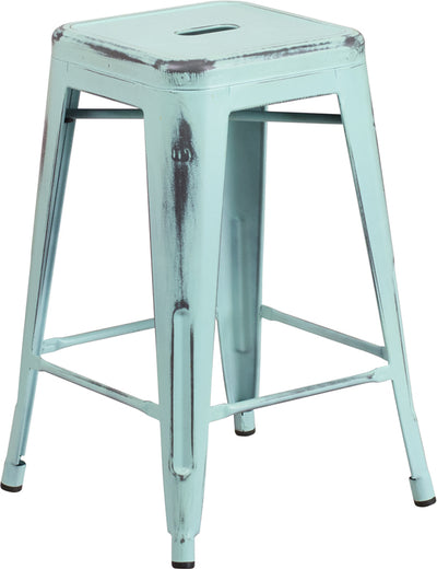 Distressed Gn-blue Metal Stool
