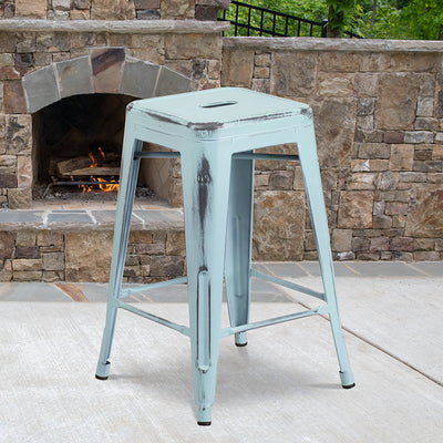 Distressed Gn-blue Metal Stool