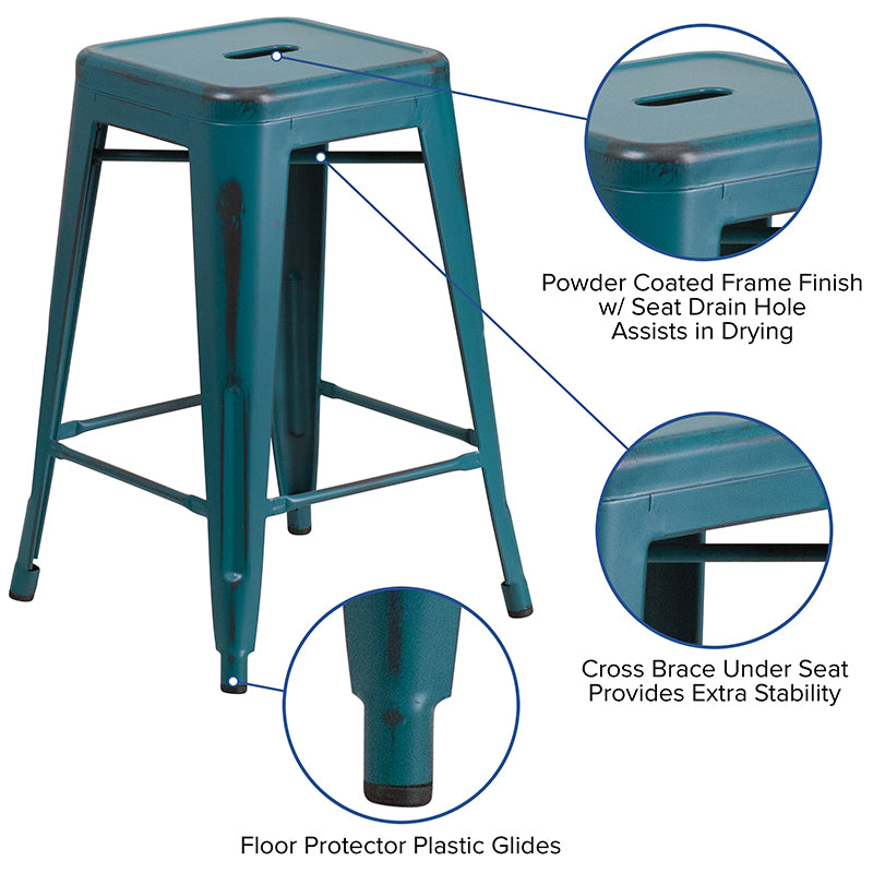 Distressed Blue-tl Metal Stool