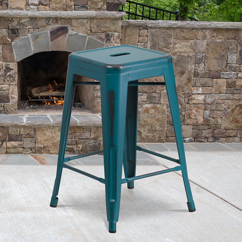 Distressed Blue-tl Metal Stool