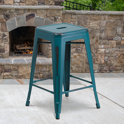 Distressed Blue-tl Metal Stool