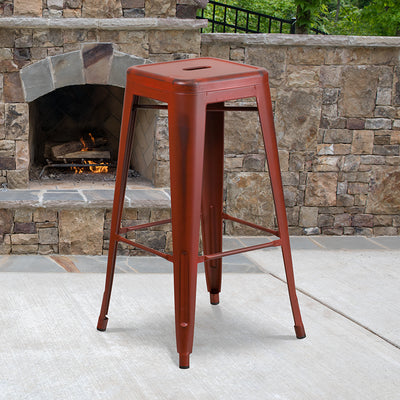 Distressed Red Metal Stool
