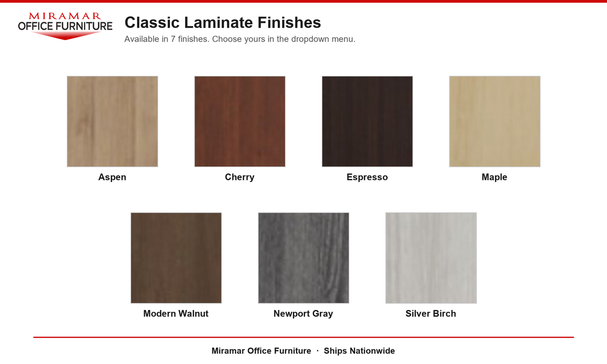N9NE Classic Laminate finish options: Aspen, Cherry, Espresso, Maple, Modern Walnut, Newport Gray, Silver Birch