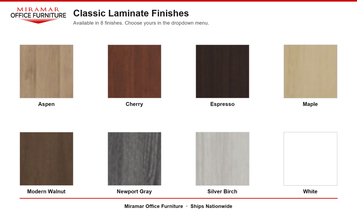 N9NE Classic Laminate finish options: Aspen, Cherry, Espresso, Maple, Modern Walnut, Newport Gray, Silver Birch, White