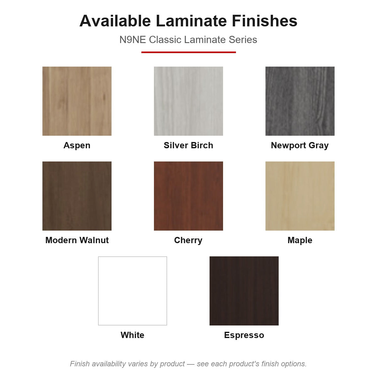 Available laminate finishes — N9NE swatch card