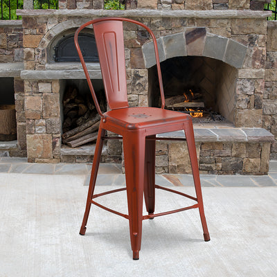 Distressed Red Metal Stool