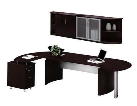 Mayline Safco Medina Curved L-shape w Desk Extension (72"W) & Storage Credenza, (2) 2-Shelf 1/4-Round Bookcases - Miramar Office