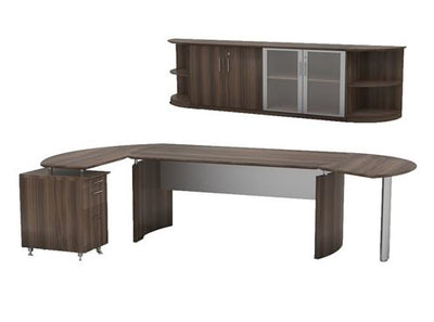 Mayline Safco Medina Curved L-shape w Desk Extension (72"W) & Storage Credenza, (2) 2-Shelf 1/4-Round Bookcases - Miramar Office