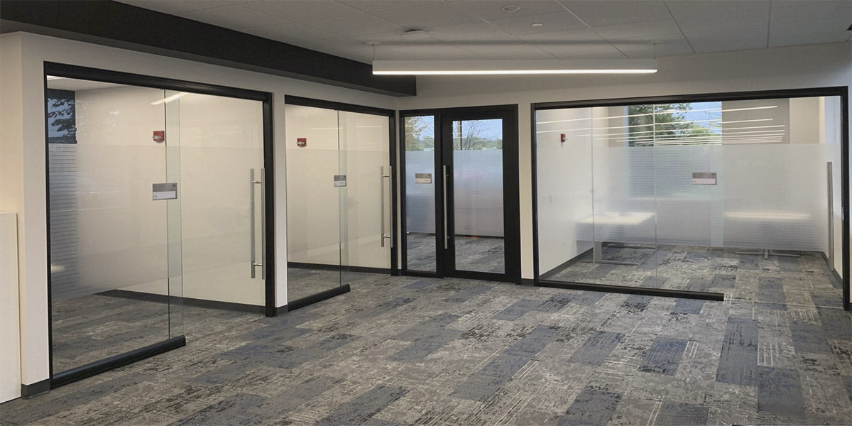 NxtWall View Series black-frame full-height glass office run