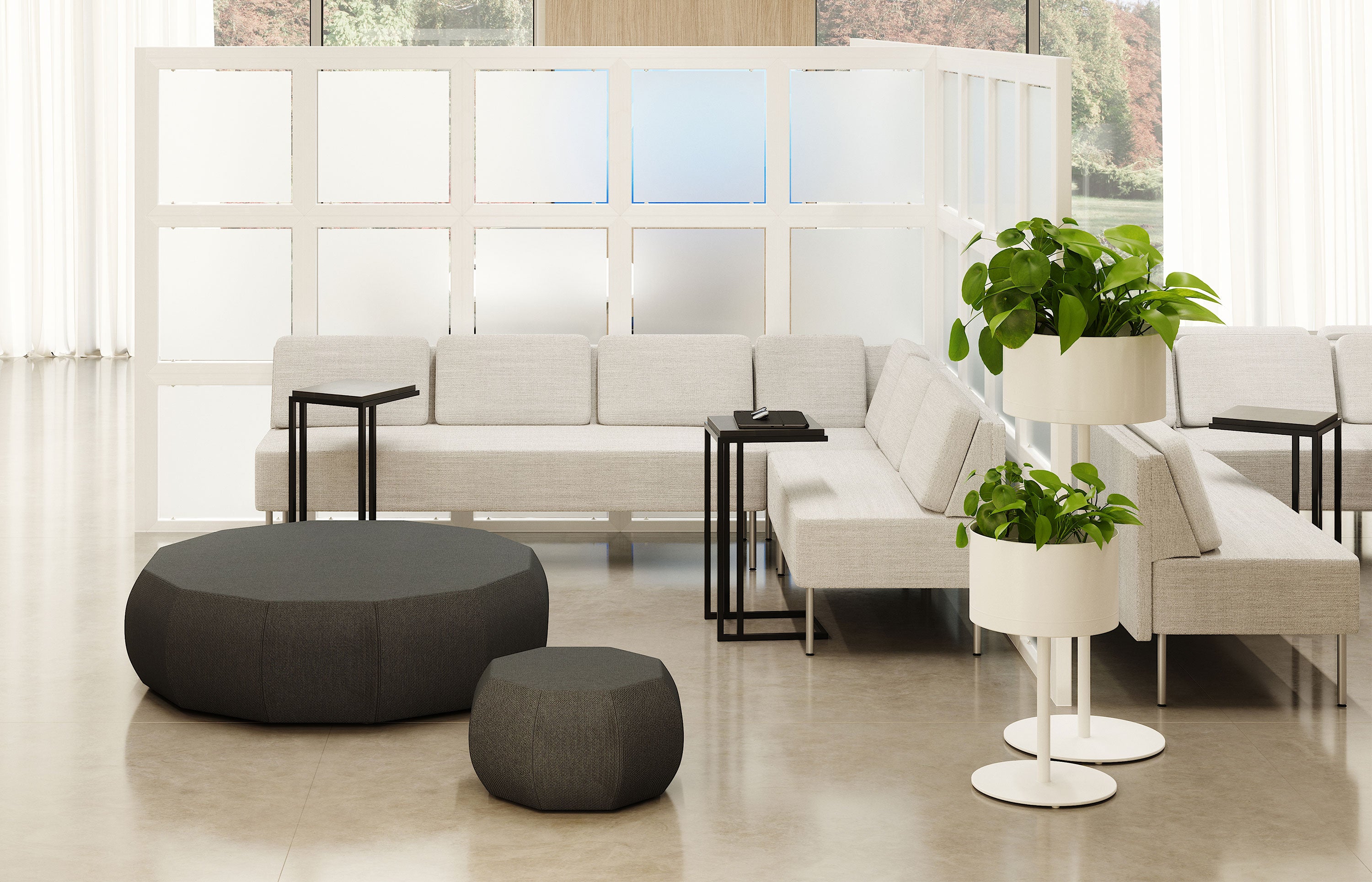 Indiana Furniture Square One space division framing around modular lounge seating