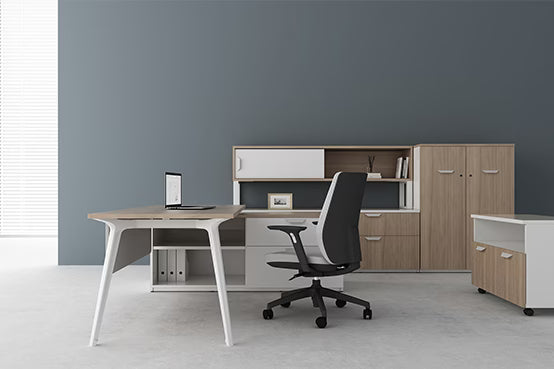 Friant Dash desking with integrated storage and credenza
