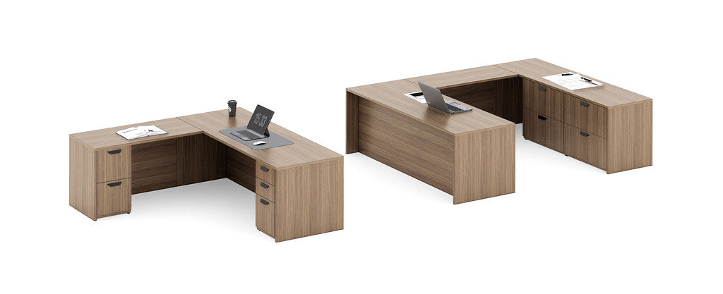 Friant Dash U-shaped desk with return and lateral storage in a walnut finish