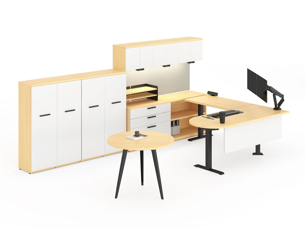Friant Dash workspace with storage wall and overhead cabinets