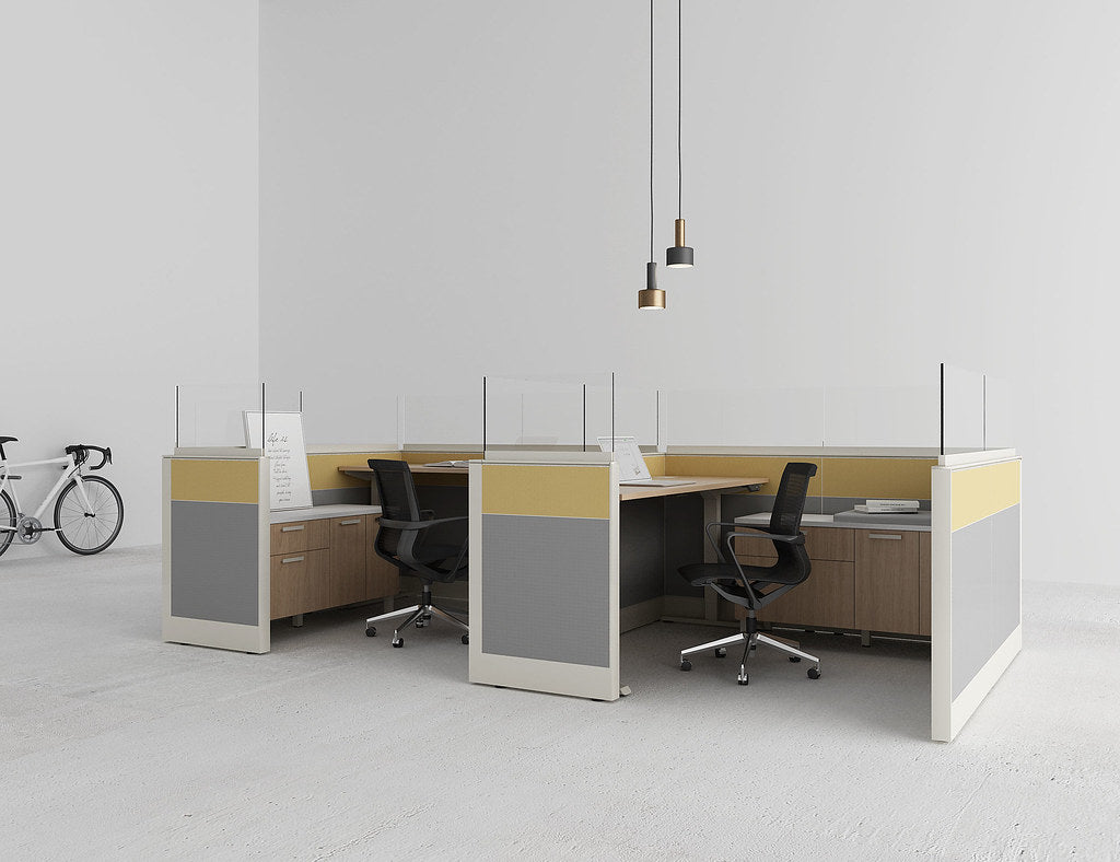 Friant Interra tile-panel workstations with glass toppers in a bright open office