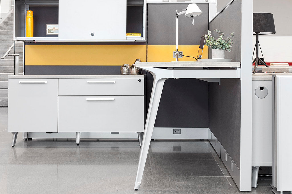 Friant Interra tile-panel workstation with a yellow accent tile
