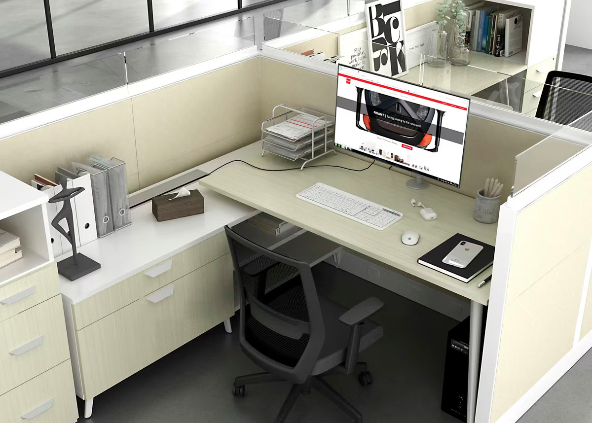 Friant Interra workstation with glass-topped tile panels