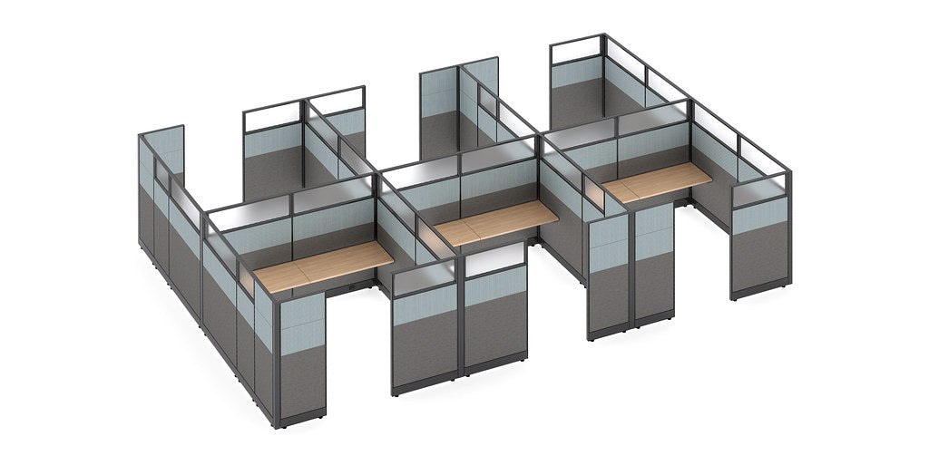 Friant Novo six-workstation cluster with segmented panels and glass toppers