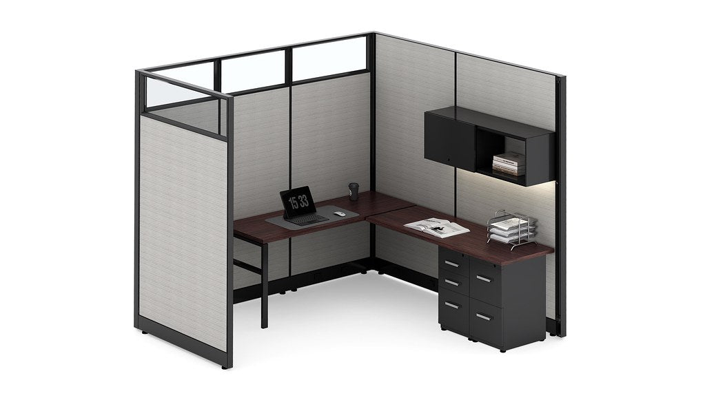 Friant Novo single L-shaped workstation with overhead storage