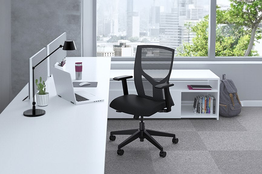 9to5 NCE 205 mesh task chair at a city-view desk