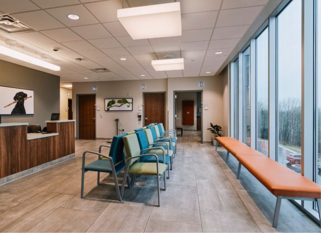 Lesro Newport reception seating along a window wall
