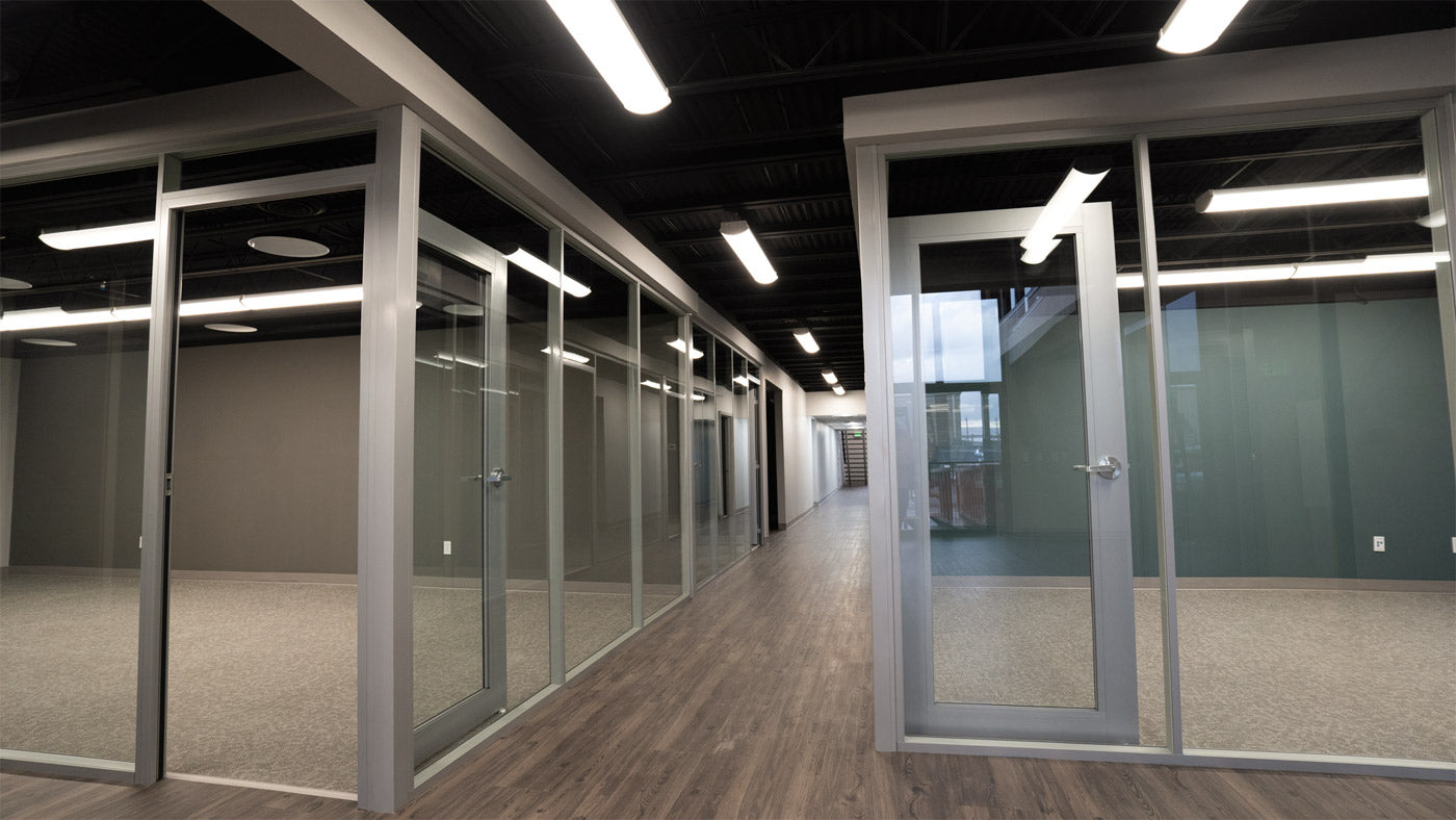 NxtWall FLEX aluminum-frame swing door with glass lite