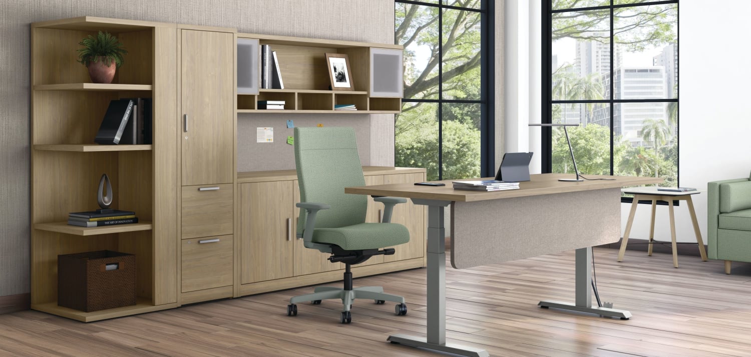 HON workstations with coordinated screens and task seating
