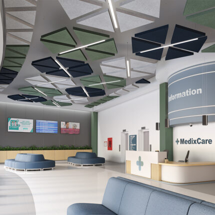 MergeWorks acoustic ceiling clouds in a commercial space