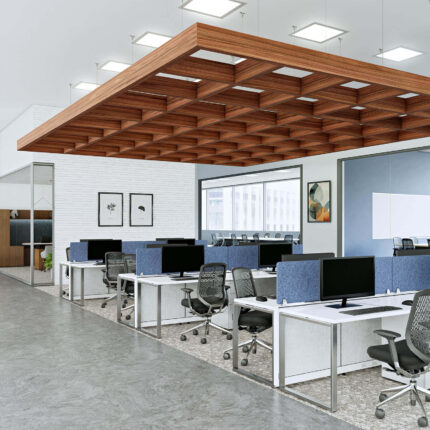 MergeWorks acoustic ceiling baffles over a shared workspace